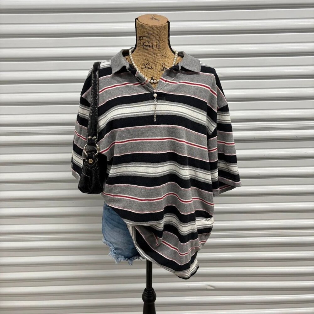 Grey & Red striped Y2K polo shirt